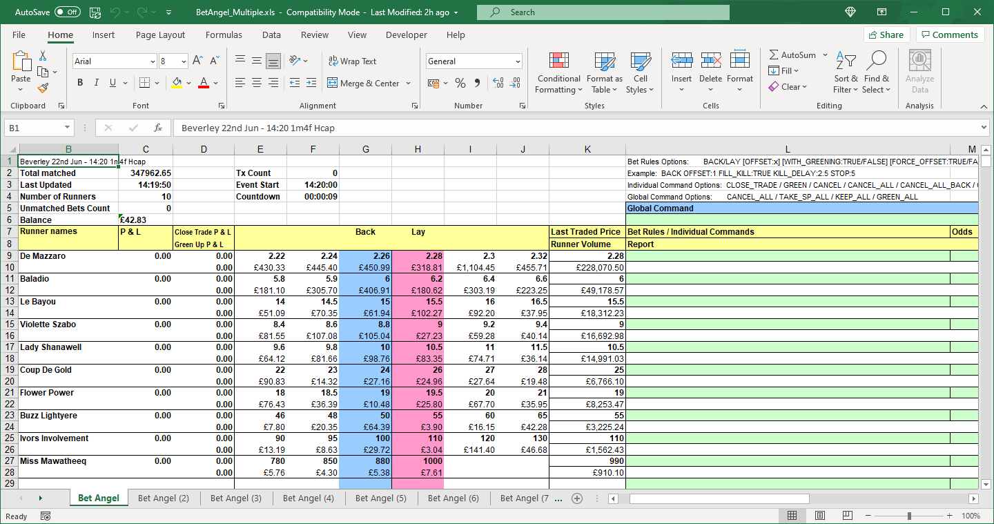 Using Excel to view multiple markets with Bet Angel - Bet Angel Academy