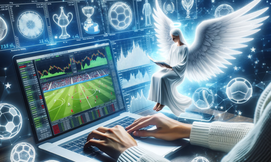 Image of somebody Betfair trading on their laptop with a Guardian Angel overlooking them.