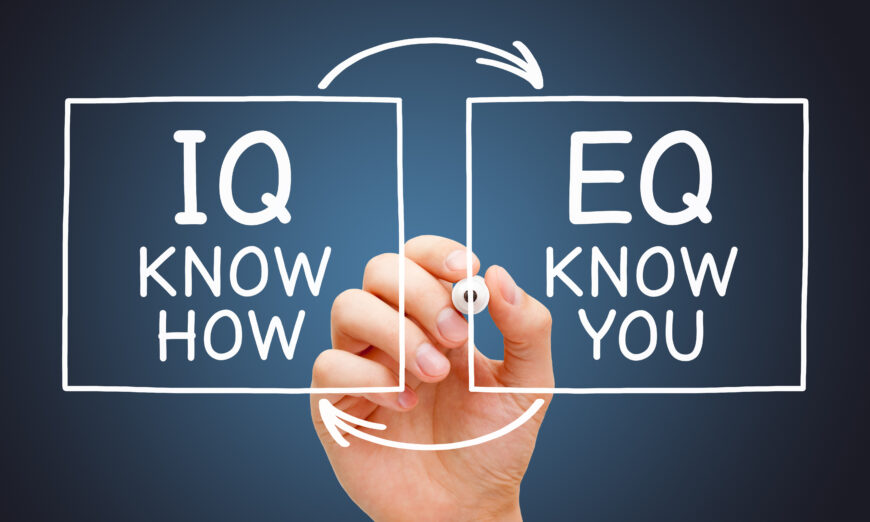 Hand drawing IQ Know How and EQ Know You diagram with marker on transparent glass board. Emotional intelligence quotient and Intelligence quotient concept.